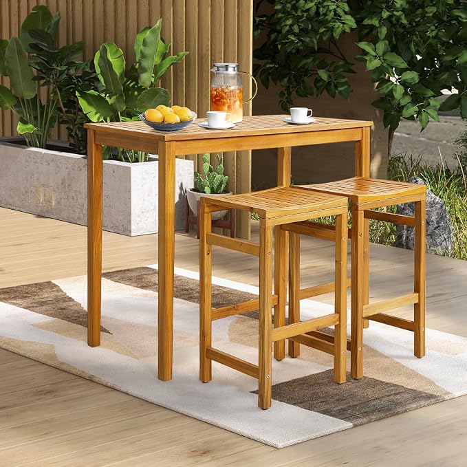HAPPYGRILL Outdoor Acacia Wood Bar Table, 45” Rectangular Bar Height Dining Table with Slatted Tabletop, Farmhouse Rustic Wood Bar Table for Patio Porch Garden Deck