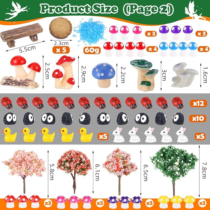 100 Pcs Fairy Garden Accessories Miniatures Figures Kit | Micro Landscape Terrarium Ornaments Resin Mushroom Animal Fake Pond Lawn Bridge Garden Decoration