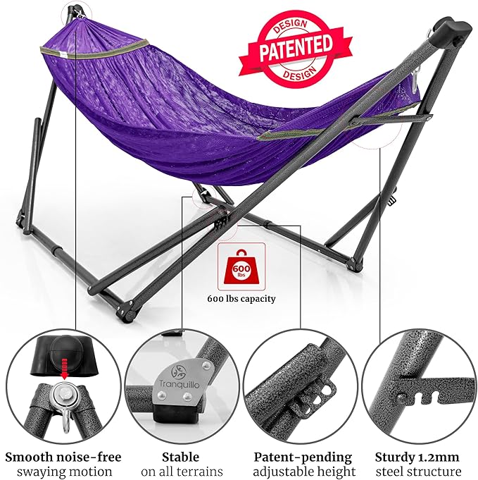Tranquillo Combo x2 Hammocks with Stand for Outside & Tree Straps, Heavy Duty Hammock with Stand 600lbs for Indoor Outdoor Patio Backyard, x2 Hammocks for 2 Person (Combo - Purple, Medium)