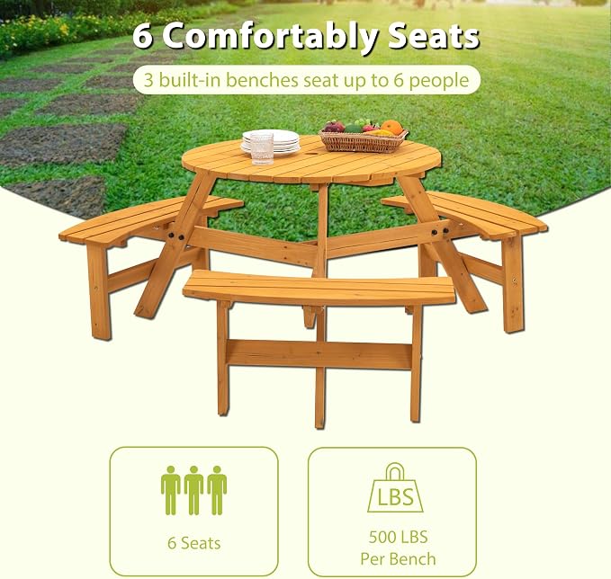 JOYBASE 6-Person Wooden Picnic Table, Outdoor Round Table with Built-in Benches and Umbrella Hole, Picnic Table Bench Set for Patio, Backyard, Garden (Wood Color)