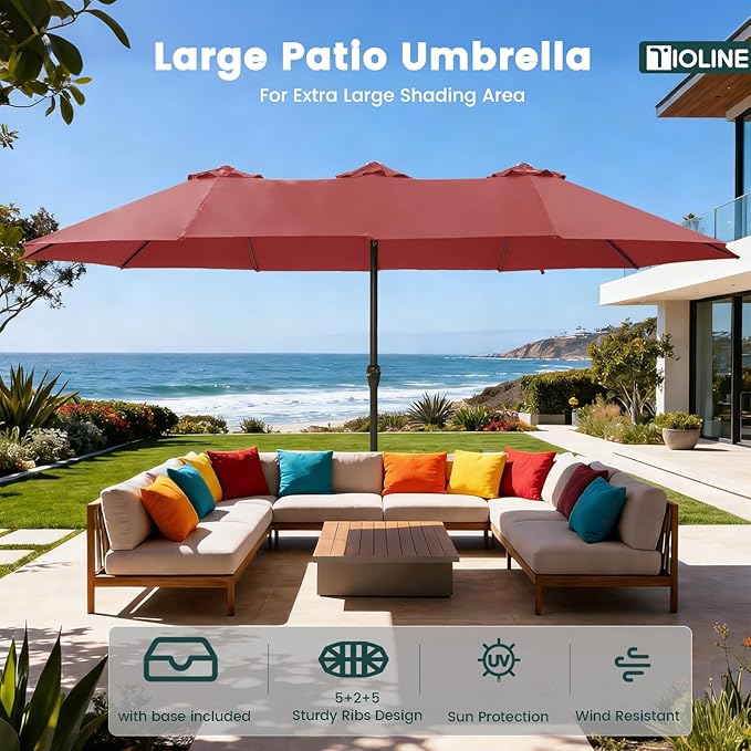 15FT Large Patio Umbrellas with Base Included, Outdoor Double-Sided Rectangle Big Market Umbrella with Stand, Outside Umbrellas for Poolside Lawn Backyard,Red