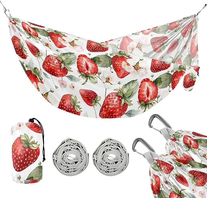 Camping Hammock Outdoor Hammocks for Outside Strawberry Cute Watercolor Beach Trees Portable Lightweight with Pockets Tree Straps Indoor Small
