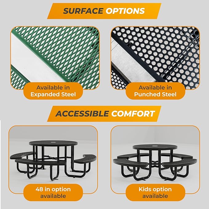 Round Metal Picnic Tables for Kids for Outdoors with Umbrella Hole, Adjustable Seats for School, Park, Playground (Red, 38 in, Kids, Expanded Steel)