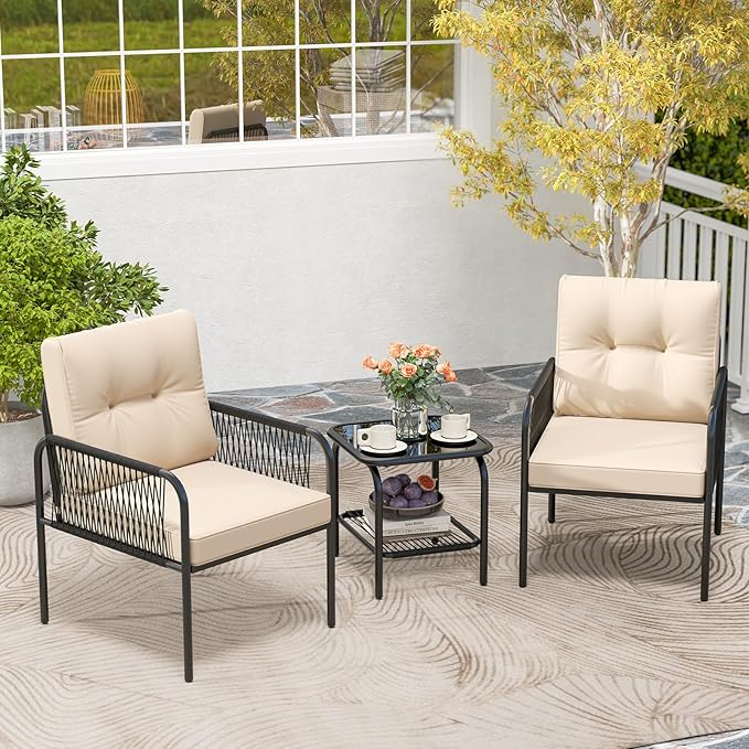 Tangkula 3 Pieces Patio Bistro Set, PE Rattan Furniture Set with Tempered Glass Table, Chairs, Back and Seat Cushions, Outdoor Wicker Conversation Set for Porch, Backyard, Garden and Poolside