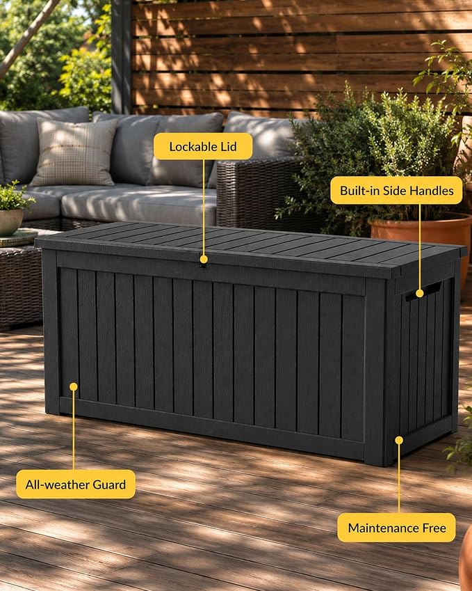 MAKINO 274 Gallon Large Waterproof Deck Box, Heavy Duty Resin Outdoor Storage Box, Outside Storage Bench with Hydraulic Rod for Patio/Furniture Cushions/Garden Tools/Backyard/Pool Accessories, Black