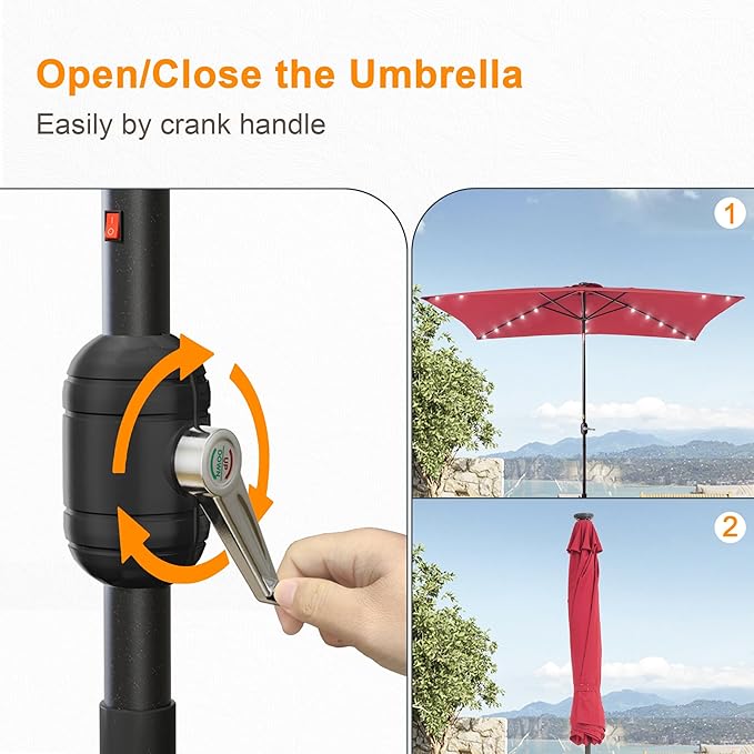 Rectangle Patio Umbrella with Solar Lights, 6x9ft Outdoor Rectangular Table Market Umbrella Patio with Push Button Tilt and Crank for Pool, Deck, Garden,Backyard