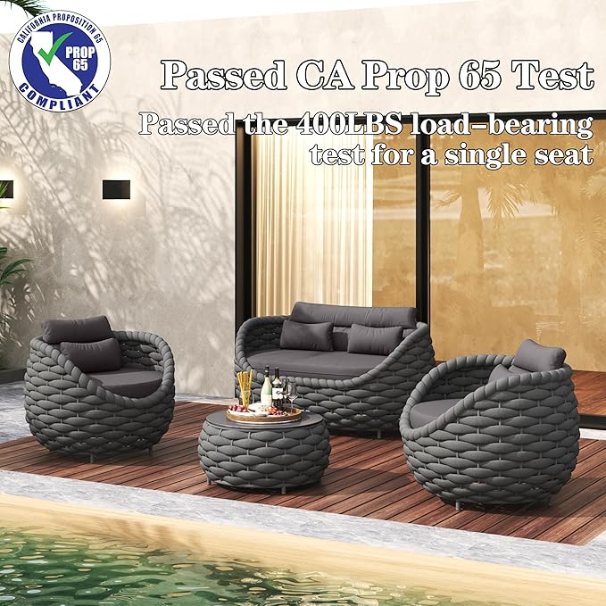 TWT Patio Furniture Sofa Set 4 Pieces Aluminum Outdoor Furniture w/27.8in Coffee Table,Patio Conversation Set with Hand Woven Textilene Rope for Backyard Garden Poolside,Dark Gray