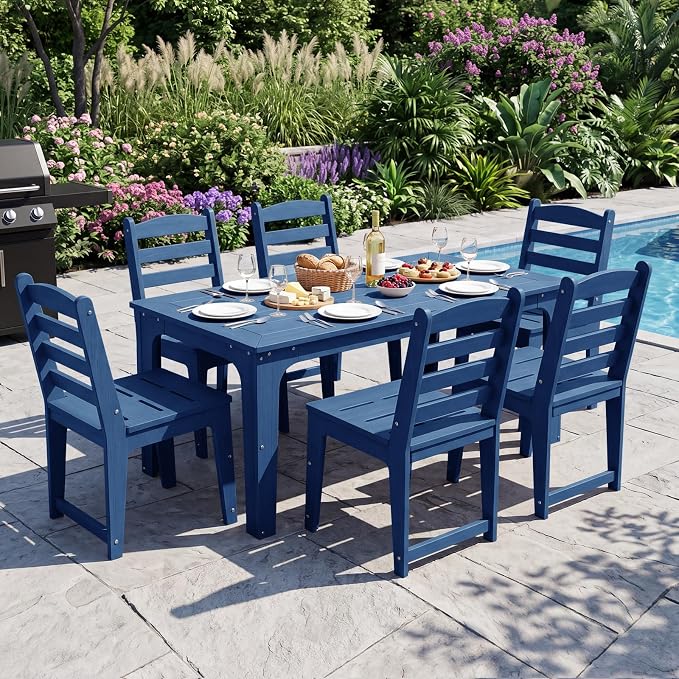 HDPE Outdoor Patio Dining Chair All Weather Resistant Set of 2, Blue | Slatted Back Dining Armless Chair, Weatherproof Outdoor Side Chair Patio Furniture for Poolside Garden Backyard Deck Indoor