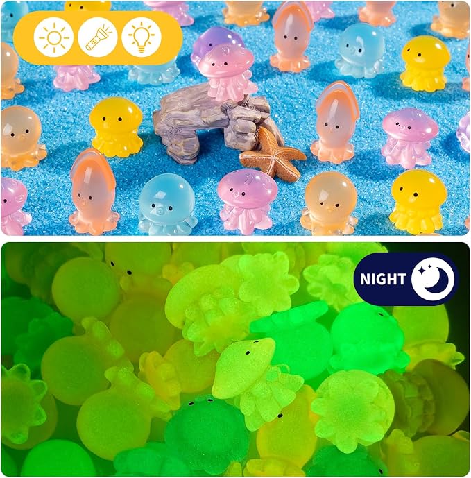 60 PCS 6 Styles Glow in Dark Mini Resin Octopus Figurines, Assorted Luminous Ocean Creature Miniature Dollhouse Accessories, Bulk Tiny Marine Ornaments for Fairy Garden DIY Aquarium Decor
