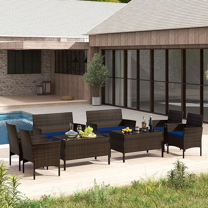 Tangkula 8 Piece Patio Rattan Conversation Set, Outdoor Wicker Furniture Set with Chair, Loveseat & Tempered Glass Table, Cozy Seat Cushions, Outside Sectional Sofa Set for Backyard, Porch