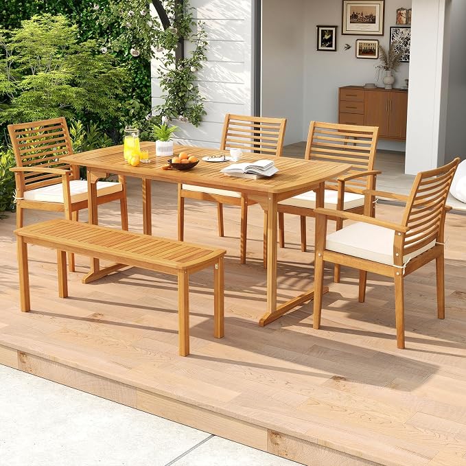 Tangkula 6 Pieces Outdoor Acacia Wood Dining Set, Rectangle Patio Dining Table with Umbrella Hole and 4 Cushioned Chairs and Bench, for Backyard Garden Poolside Deck