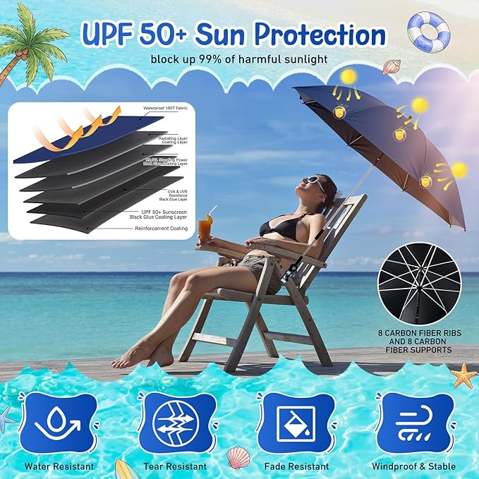 Sadnyy 6 Pcs Beach Chair Umbrella with Universal Clamp, 360 ° Adjustable Clip on Umbrellas 42" UPF 50+ Portable Sun Shade for Beach Chair Patio Camping Wheelchair Stroller Golf Cart