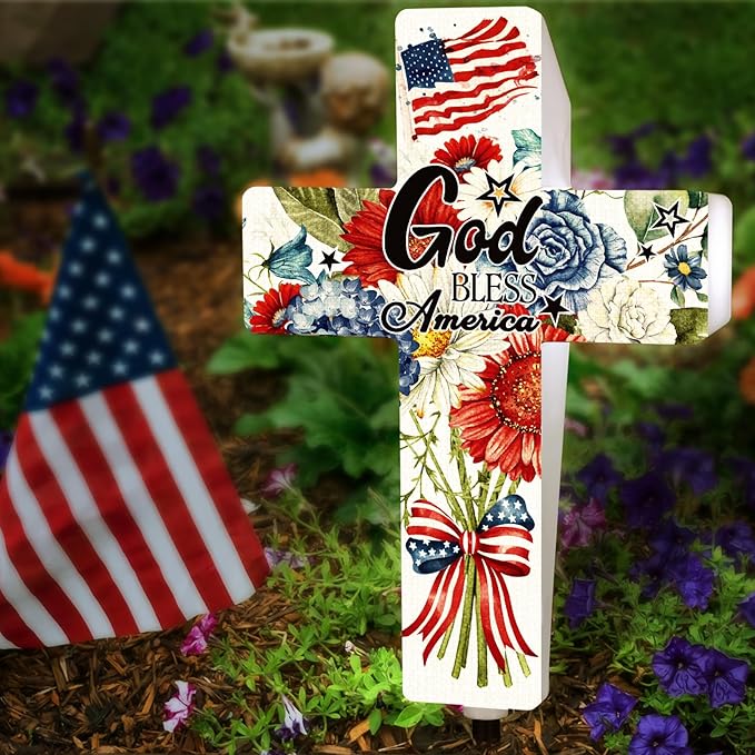 DoubleFill 4th of July Solar Lighted Cross 250 Patriotic Floral Garden Stake Decor 250th Red White and Blue Independence Day Solar Cross God Bless America Yard Decor for Memorial Veterans USA Outdoor