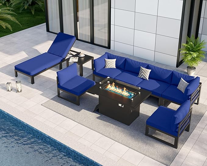 NICESOUL 9 Piece Large Modern Aluminum Patio Furniture Set, Water Resistant Modular Outdoor Conversation Set with Chaise & Fire Pit Table, 500 lbs Durable Modular Sectional Sofa for Garden, Navy Blue