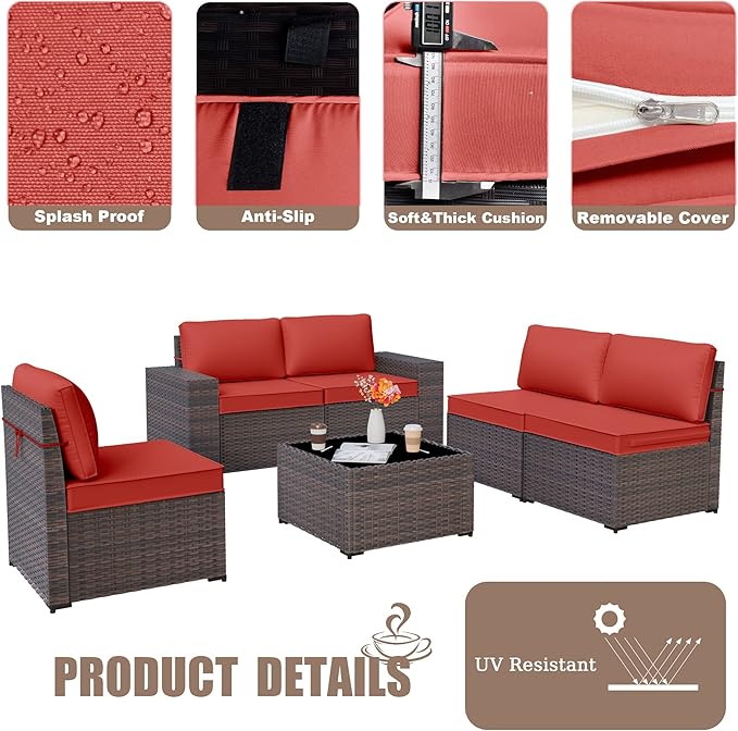 Patio Furniture Set Sofa 6-Pieces Wicker Sectional Sofa Set, Outdoor Furniture Rattan Patio Conversation Set with Thickened Cushion and Glass Coffee Table, Red