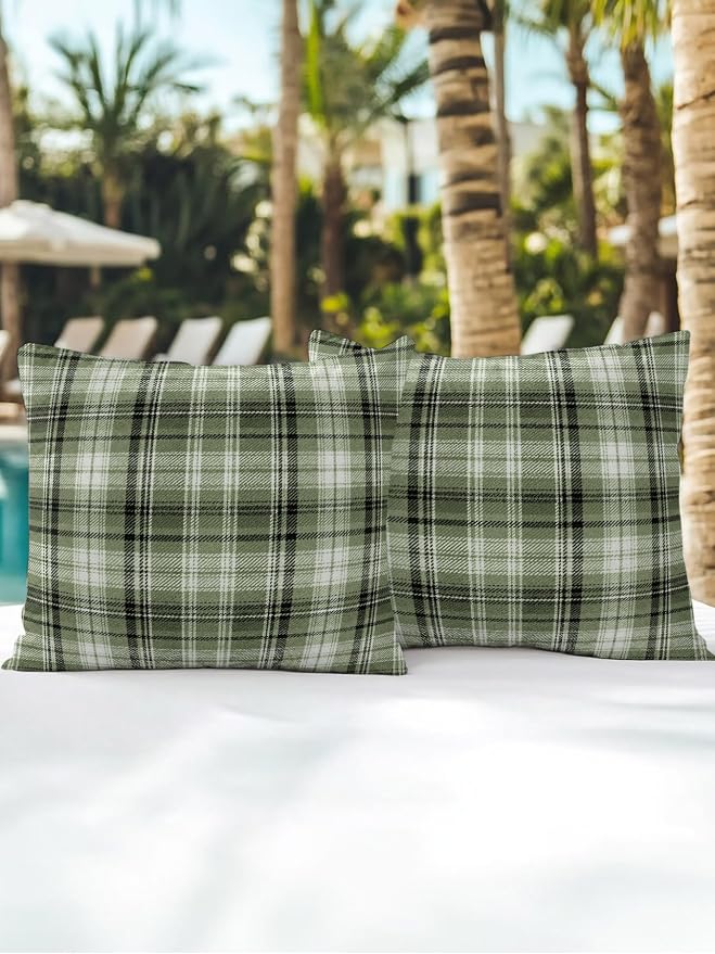Waterproof Outdoor Pillow Set of 2 Green Checked Plaid Decorative Throw Pillows Cover & Insert 18x18 Inch Pillowcase Stripes Woven Grid Square Pillows for Couch Sofa Bed Patio Furniture Indoor Outdoor