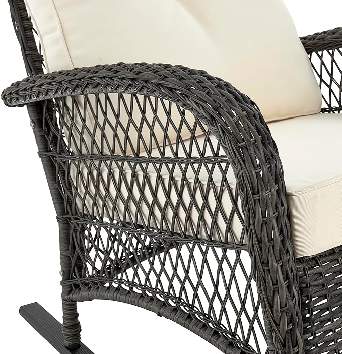 Manhattan Comfort Fruttuo Outdoor Rocking Chair with Removable Waterproof Cushions, Made of Steel Rattan, Weather-Resistant Patio Rocker with Curved Edge and Sturdy Steel Frame, Cream