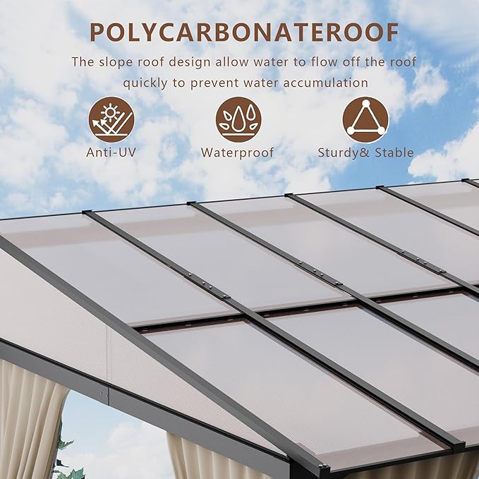 ALAULM 10'x 14' Outdoor Hardtop Pergola,Wall Mounted Lean to Gazebo with Curtains and Netting,Galvanized Metal Frame,Sunshade for Patio, Backyard, Deck and Lawns-Sand