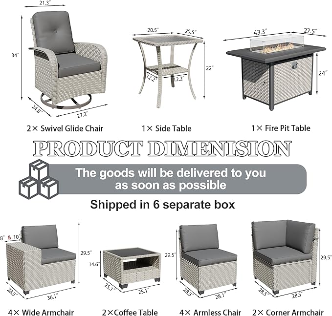 16-Piece Outdoor Patio Furniture Set, Modular Sectional Sofa Set with Swivel Rocker Chairs & Fire Pit, Wicker Outdoor Couch Conversation Sets w/Coffee Table and Cushions, Gray