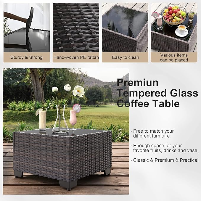 Grezone Patio Furniture Set 7 Piece Outdoor Wicker Sectional Sofa - All Weather High Backrest PE Rattan Couch Conversation Set with Cushion & Glass Top Table for Backyard Deck Porch Black