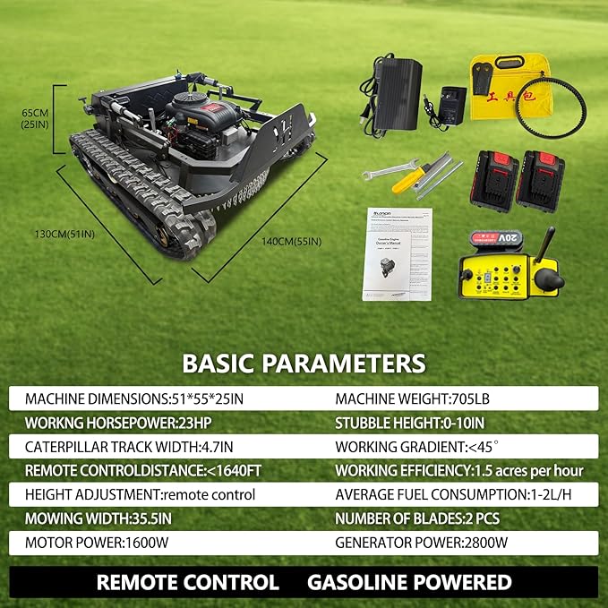 23HP Tracked Remote Control Lawn Mower with 35.5" Wide Deck & 1600W Brushless Motors, 45° Hill Climber for Pasture, Orchard & Yard