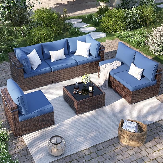 Patio Furniture Set, 7 Piece Outdoor Sectional with Waterproof Cover, All-Weather Wicker Patio Conversation Sets for Backyard (Brown with Navy Cushion)