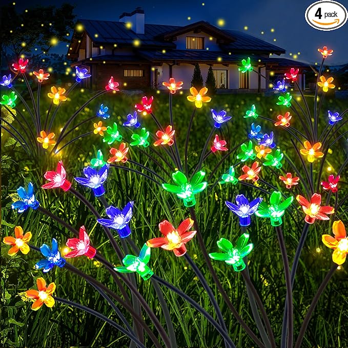 Rossesay 4 Pcs Solar Firefly Lights for Garden Swaying Lights Decoration Outdoor Garden Fairy Light for Yard Pathway Patio Lawn Waterproof Firefly Stake for Outside Holiday Decor(Flower)