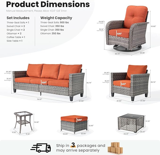 ovios 9 Pieces Patio Furniture Set, Outdoor Wicker Sofa Couch with Rocking Swivel Chairs Solar Lights Table, Modern Deep Seat Rattan Conversation Sets for Deck Porch, Orange Red