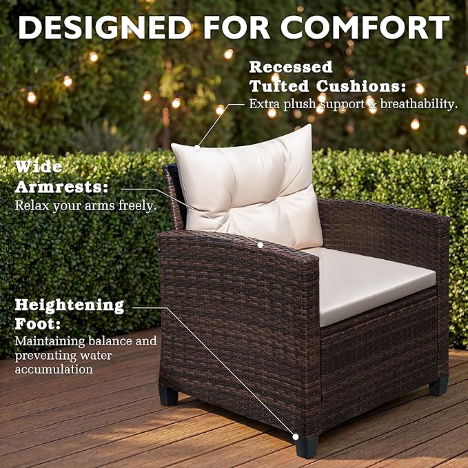 Greesum 4-Piece Patio Furniture Set, Outdoor Wicker Conversation Set, All-Weather Patio Sofa with Coffee Table and Cushions, for Garden, Deck, Porch, Backyard, Beige