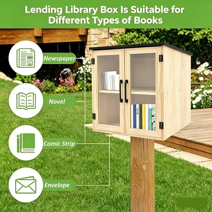 Little Outdoor Library Box, 2-Tier Waterproof Free Library Wooden Cabinet, 16x14x23 Inch Small Storage Box for DIY, Neighbourhoods, Communities and Kids to Share Books, Magazines, Artworks