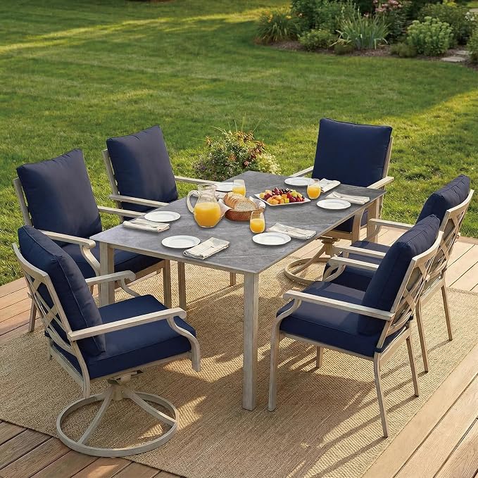 7-Piece Patio Dining Set, Grey Food-Grade Sintered Stone Dining Table with Umbrella Hole, 4 Dining Chairs and 2 Swivel Chairs with Blue Removable Thickened Cushions for Garden Lawn Yard