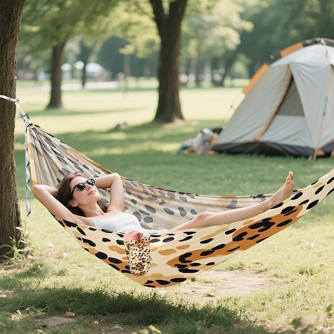 Qilmy Leopard Print Camping Hammock Single – 330 lbs Capacity, Lightweight with Tree Straps & Carabiners, Portable for Hiking, Travel, Backpacking