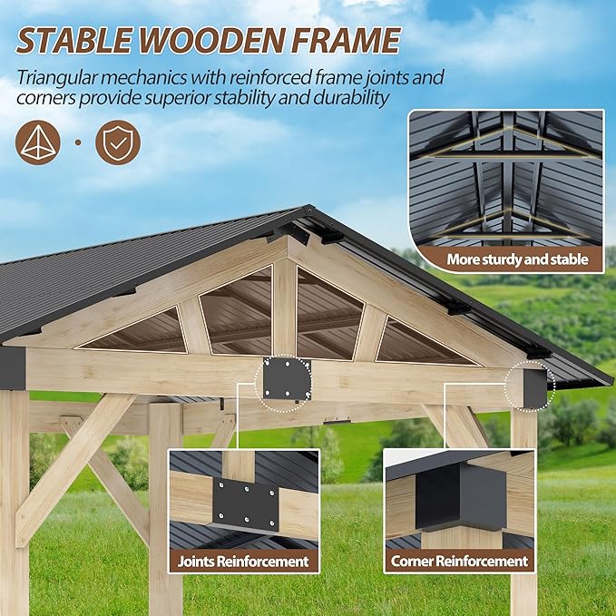 12' × 14' Wood Gazebo, Outdoor Cedar Hardtop Wooden Frame Gazebos with Galvanized Steel Roof for Garden, Patio, Deck
