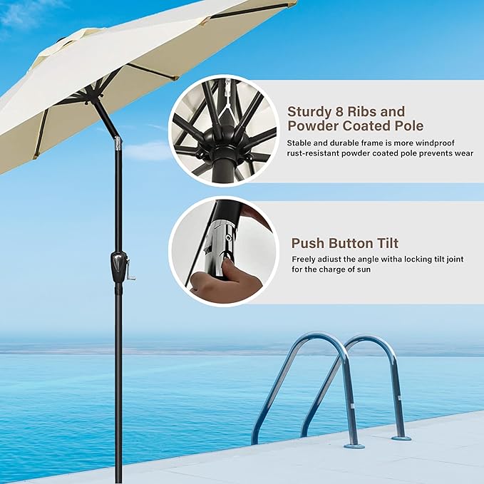 HealSmart 9ft Patio Umbrella with Push Button Tilt/Crank, Outdoor Table Market Yard Umbrella with 8 Sturdy Ribs for Garden, Backyard, Deck, Pool, Beige