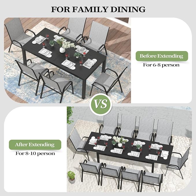 PIZZELLO 9 Pieces Outdoor Dining Set, 106" Aluminum Extendable Patio Dining Table w/ 8Pcs Stackable Textilene Chairs, All Weather Outdoor Table and Chairs Sets for Backyard, Garden, Deck and Poolside