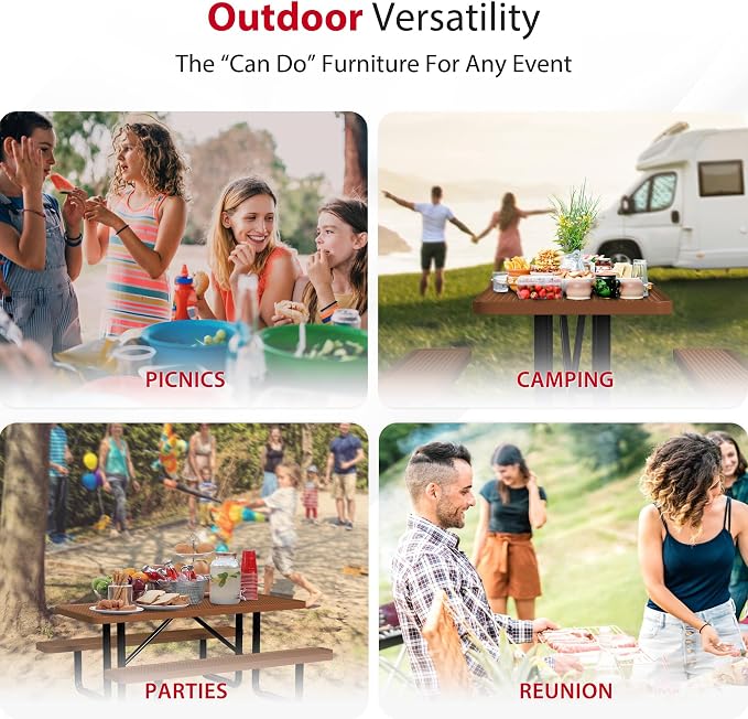 Leisure Craft Metal Picnic Table with Bench - 6 ft Rectangle Outdoor Dining Table for 6, Umbrella Hole, Weatherproof Heavy Duty Thermoplastic Coating, Commercial Grade Furniture Made in USA - Brown