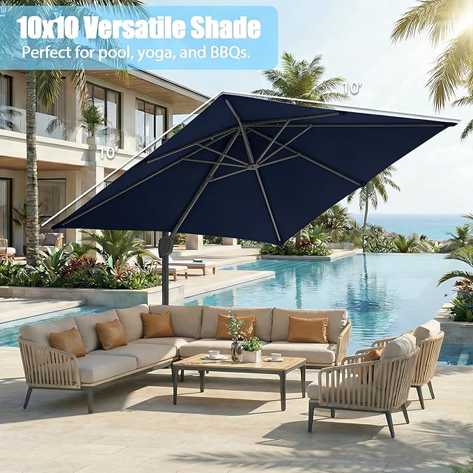 GarveeLife Large Cantilever Patio Umbrella, 10 ft X 10 ft Heavy Duty Aluminum Cantilever Offset Outdoor Umbrella with 360-Degree Rotation for Backyard, Deck, Pool (Navy Blue)