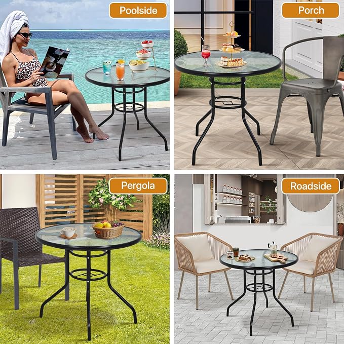 Dkeli Outdoor Table 31.9 Round Bistro Table with Umbrella Hole Tempered Glass Metal Patio Table for Outside,Indoor,Poach, Black