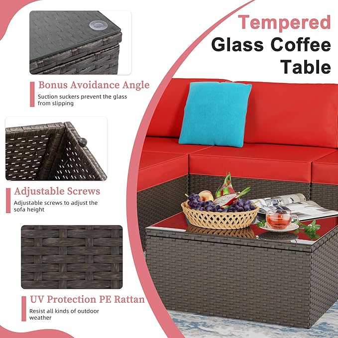 Shintenchi 6 Pieces Patio Furniture Sets Outdoor All-Weather Sectional Patio Sofa Set PE Rattan Manual Weaving Wicker Patio Conversation Set with Glass Table&Ottoman Cushion and Red Pillows, Red