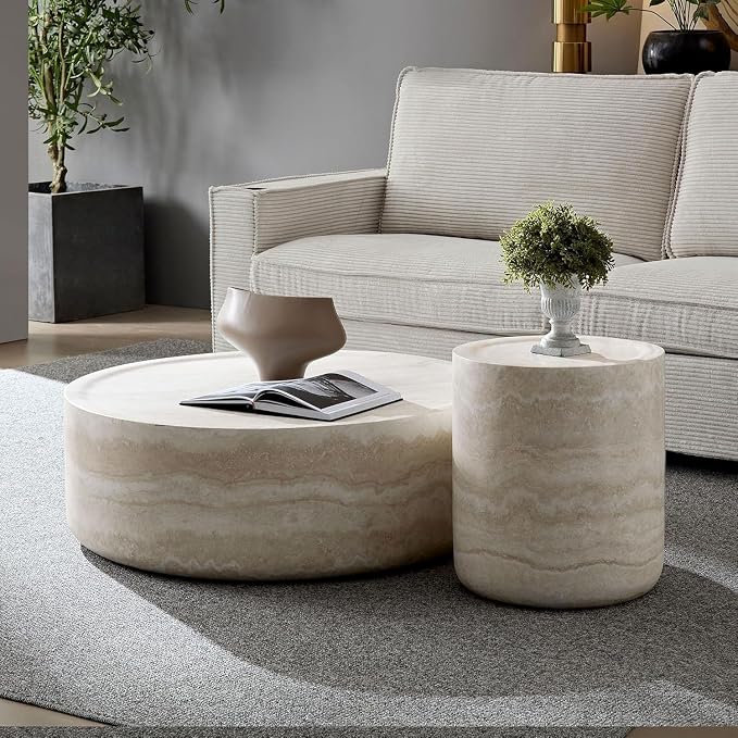 31.49'' Round Coffee Table for Living Room Drum Coffee Table Modern Faux Travertine Stone Coffee Table for Apartment, No Need Assembly (Fiberglass Marble Pattern)