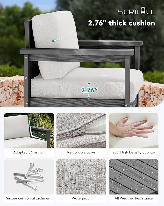 SERWALL 4 Pieces HDPE Outdoor Sofa Set with 10FT Patio Umbrella, All Weather Use Loveseat Furniture Sofa Set, Outdoor Conversation Couch with Coffee Table for Patio, Grey Frame with Khaki Cushions