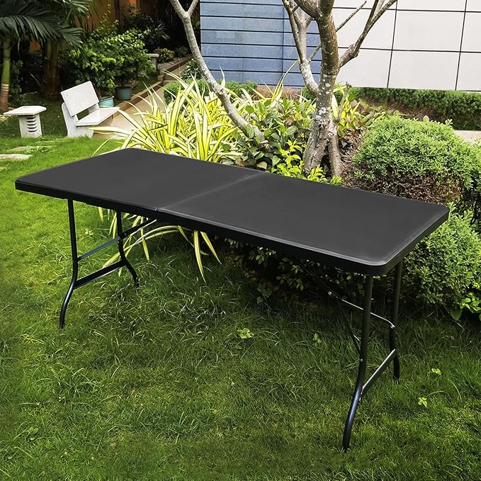 Athena Collection 8ft Folding Table, Lightweight Portable Desk with Handle, Square Foldable Plastic Table for Card Games, Collapsible Dining, Indoor Outdoor Camping Picnic & Party Use, Black