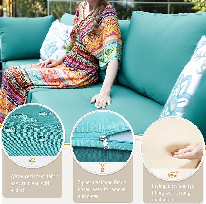 BULEXYARD 7-Piece Outdoor Patio Furniture Set with Propane/Natural Gas Fire Pit Table, High-Back Large Size Outside Sectional Couch Sofa, Comfy Wide Deep Seats for Yard, Brown Rattan & Teal Cushion
