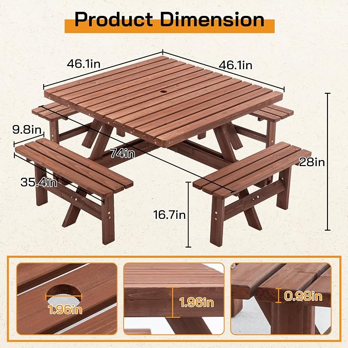 Wood Picnic Table Bench Set for 4-8 Person, Square Picnic Tables for Outdoor with Umbrella Hole and Benches, Outside Dining Table Patio Furniture Set for Garden, Backyard, Porch and Deck