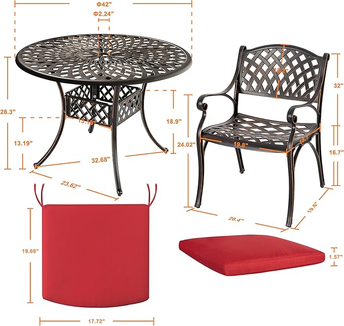 NUU GARDEN 5 Piece Patio Dining Set, Cast Aluminum Outdoor Dining Sets with Red Cushions, Round Patio Dining Table with Umbrella Hole for Garden, Backyard, Balcony, Black with Bronze Edge