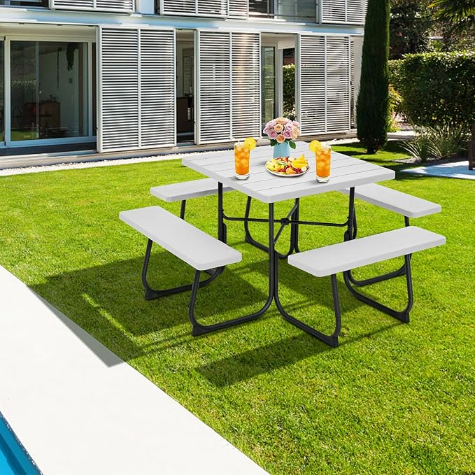 Giantex Picnic Table Set for 8 Persons, Outdoor Table and Bench with Umbrella Hole, HDPE Top & Metal Frame, 500LBS Capacity, Square Patio Table Bench for Deck Backyard Garden (White)