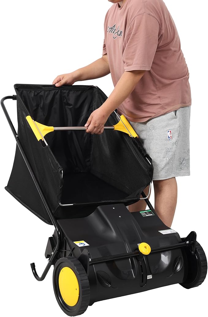 Push Lawn Sweeper, 21 in Leaf & Grass Collector with 3.5 cu. ft. Hopper Bag, Heavy Duty Yard Sweeper, Adjustable Spinning Brushes Height for Leaves Grass Cleanup
