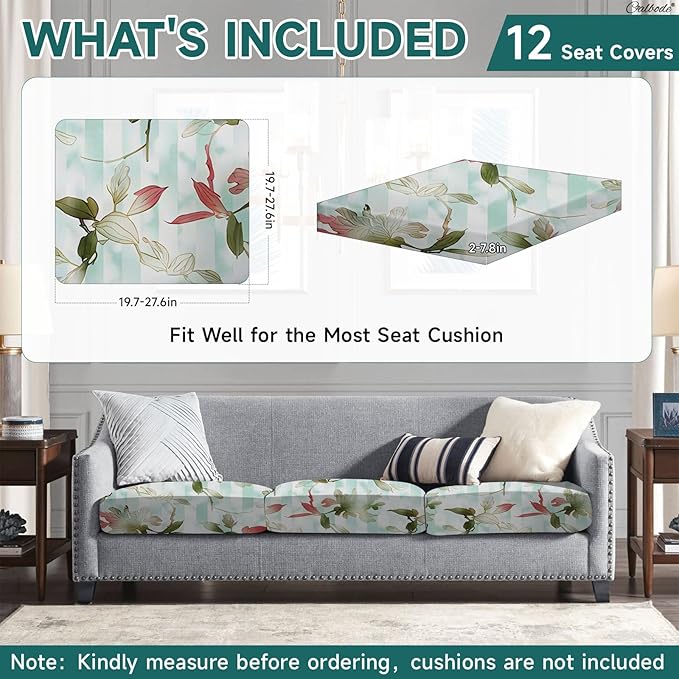 CALBODE 12Pcs Stretch Patio Cushion Cover, Striped Floral Pattern Couch & Sofa Slipcovers for Patio Furniture Cushions Washable Reusable Couch Covers Replacement for Spring Summer Autumn (Cover Only)