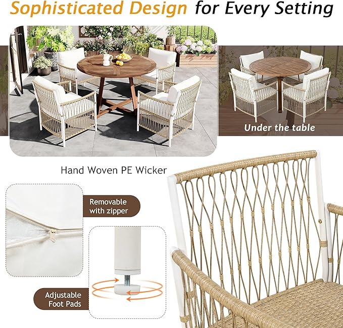 Modern 5-Piece Outdoor Patio Dining Set, All-Weather Acacia Wood Extendable Round Dining Table with 12inch Butterfly Leaf and 4 Rattan Arm Chairs for Backyard, Garden, Poolside