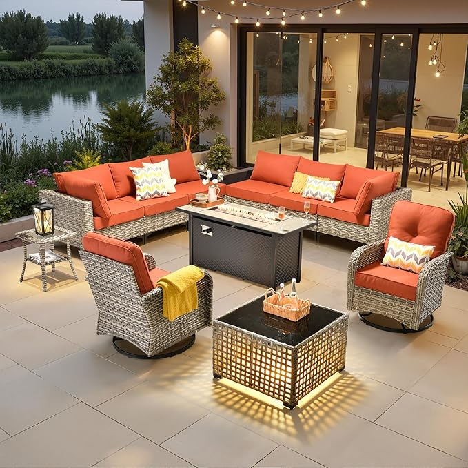 11 Pieces Outdoor Sectional Patio Furniture Set with 54" Fire Pit, Wicker Conversation Sets Rattan L Shaped Couch Swivel Rocking Chairs for Porch Balcony Backyard, Coarse Stripes Red
